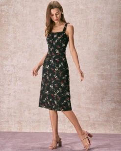 The Black Elasticized Straps Floral Midi Dress 10 The Black Elasticized Straps Floral Midi Dress -Outlet Dress Mix Up Store the elasticized shoulder straps floral dress dresses fzjdhz