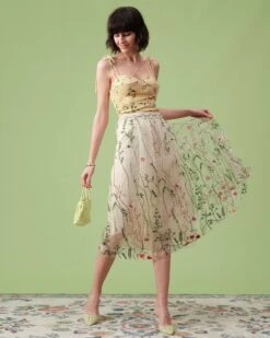 The High Waisted Floral Embroidery A-line Midi Skirt -Outlet Dress Mix Up Store the embroidered mesh skirt bottoms mhjhfe 449394