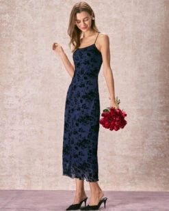 The Navy Floral Flocked Mesh Slip Maxi Dress -Outlet Dress Mix Up Store the floral flocked mesh dress dresses elb3sq