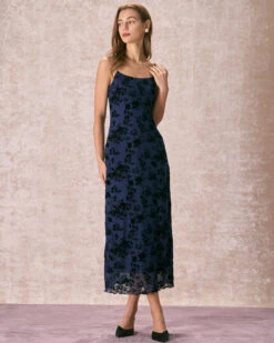 The Navy Floral Flocked Mesh Slip Maxi Dress -Outlet Dress Mix Up Store the floral flocked mesh dress navy dresses uspzsp