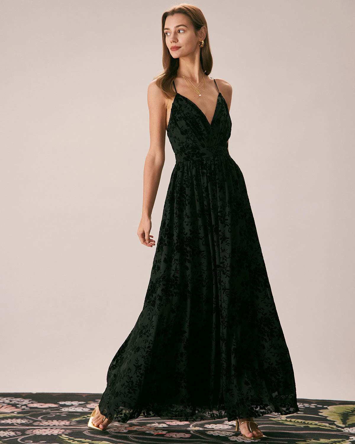 The Black Floral Flocked Mesh Slit Maxi Dress 2 The Black Floral Flocked Mesh Slit Maxi Dress - Image 2