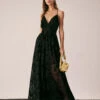 The Black Floral Flocked Mesh Slit Maxi Dress