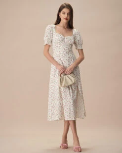 The Beige Sweetheart Neck Puff Sleeve Floral Midi Dress -Outlet Dress Mix Up Store the floral puff sleeve split hem midi dress dresses 06sdz0