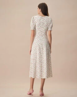 The Beige Sweetheart Neck Puff Sleeve Floral Midi Dress -Outlet Dress Mix Up Store the floral puff sleeve split hem midi dress dresses u5k7cg