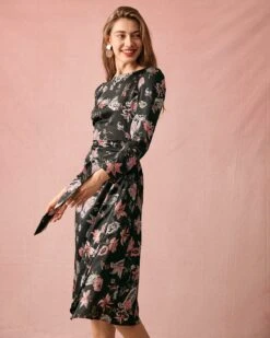 The Floral Ruched Long Sleeve Midi Dress -Outlet Dress Mix Up Store the floral ruched midi dress dresses ghi0yl