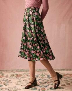 The High Waisted Slit Floral Satin Midi Skirt