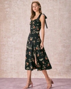 The Black Floral Ruched Tie Strap Slit Midi Dress -Outlet Dress Mix Up Store the floral tie strap slit midi dress dresses azl6bh