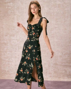 The Black Floral Ruched Tie Strap Slit Midi Dress -Outlet Dress Mix Up Store the floral tie strap slit midi dress dresses gmhvig