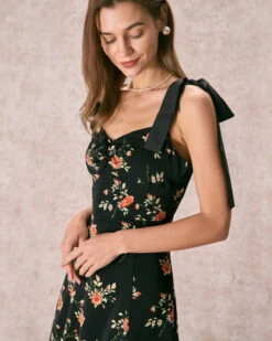 The Black Floral Ruched Tie Strap Slit Midi Dress -Outlet Dress Mix Up Store the floral tie strap slit midi dress dresses vntg9p