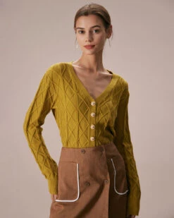 The Ginger V Neck Argyle Ribbed Cardigan -Outlet Dress Mix Up Store the ginger v neck argyle cardigan tops bpohnn