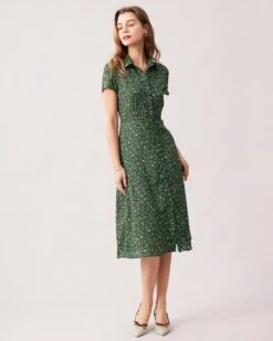 The Green Lapel Button Up Floral Midi Dress -Outlet Dress Mix Up Store the green collared ditsy floral midi dress dresses bvesbd 917975