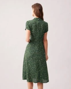 The Green Lapel Button Up Floral Midi Dress -Outlet Dress Mix Up Store the green collared ditsy floral midi dress dresses cg8d6v 403207