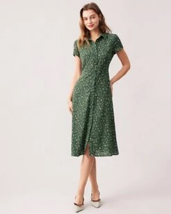 The Green Lapel Button Up Floral Midi Dress -Outlet Dress Mix Up Store the green collared ditsy floral midi dress dresses pzidsg 482082