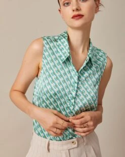 The Green Collared Geometric Print Vest -Outlet Dress Mix Up Store the green collared geometric print vest tops duqbrj 528552