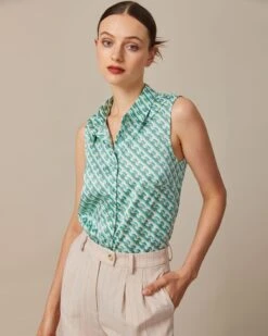 The Green Collared Geometric Print Vest -Outlet Dress Mix Up Store the green collared geometric print vest tops t6dupu 878695