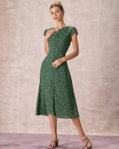 The Green Crew Neck Button-up Floral Midi Dress -Outlet Dress Mix Up Store the green crew neck floral midi dress dresses 9cpces