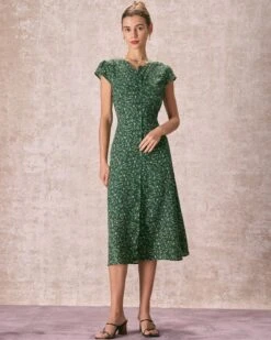 The Green Crew Neck Button-up Floral Midi Dress -Outlet Dress Mix Up Store the green crew neck floral midi dress dresses xp6nci