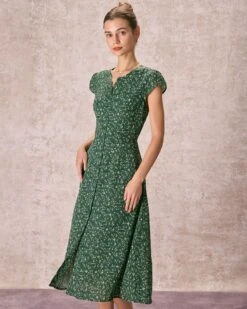 The Green Crew Neck Button-up Floral Midi Dress -Outlet Dress Mix Up Store the green crew neck floral midi dress green dresses mr4nfi