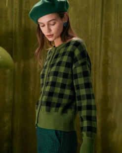 The Green Crew Neck Plaid Button Cardigan -Outlet Dress Mix Up Store the green crew neck plaid button cardigan tops c8h4dv