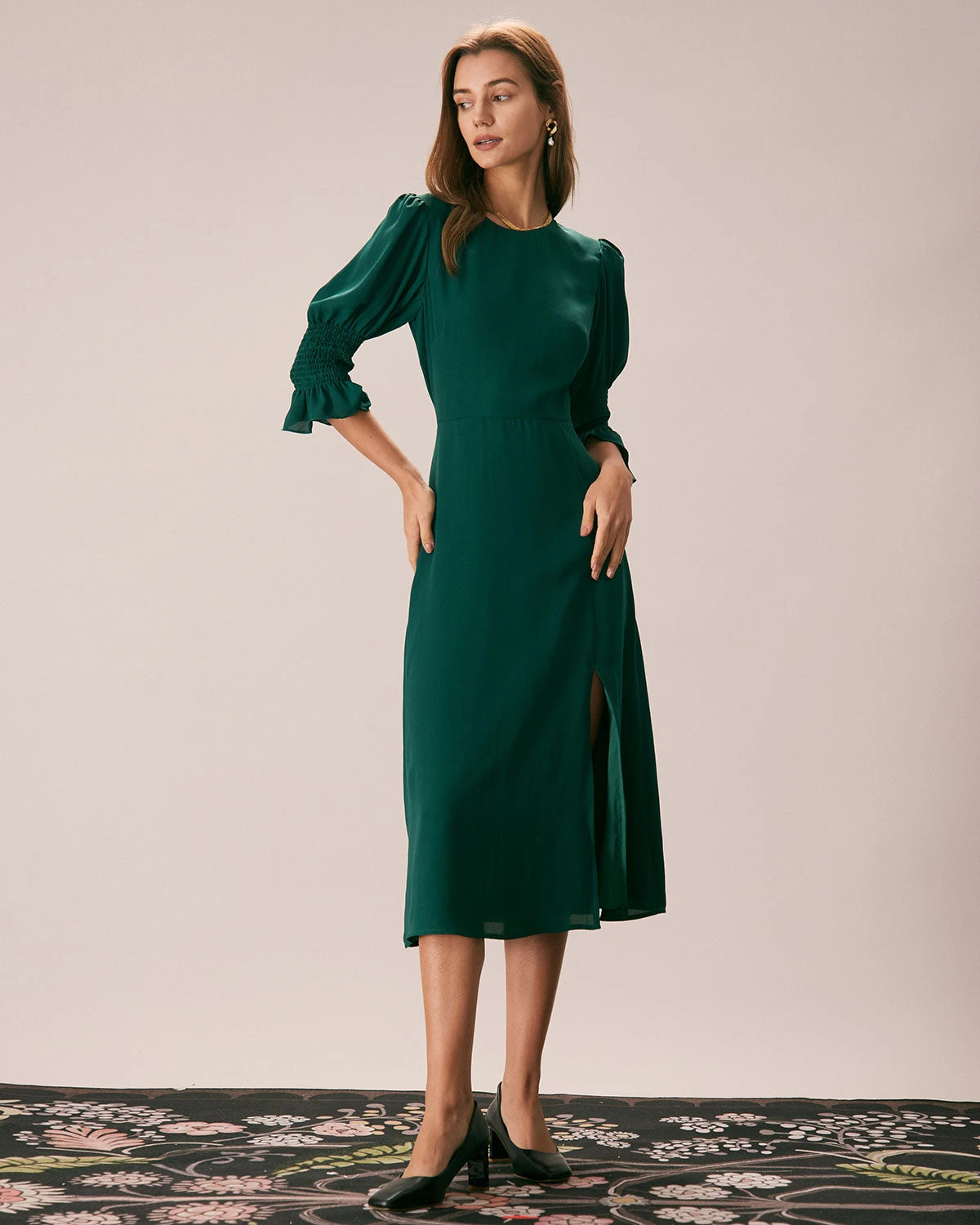 The Green Crew Neck Ruffle Slit Midi Dress 3 The Green Crew Neck Ruffle Slit Midi Dress - Image 3