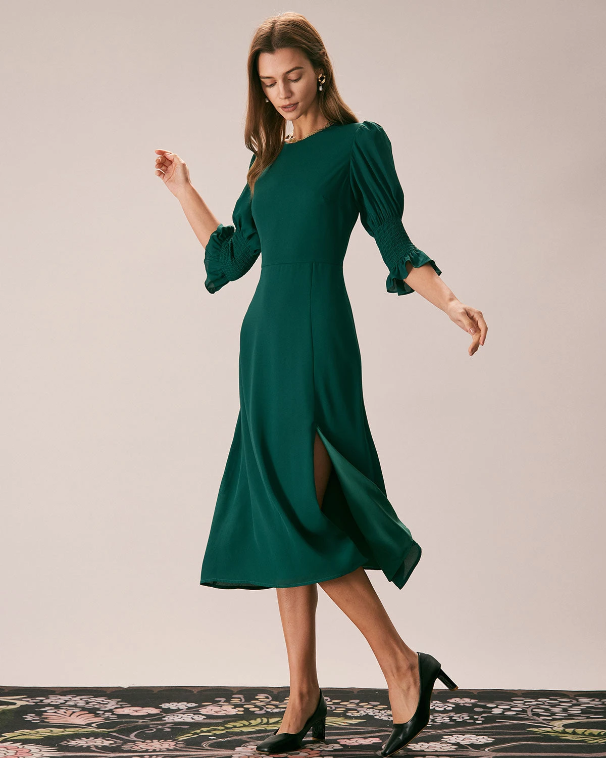 The Green Crew Neck Ruffle Slit Midi Dress 5 The Green Crew Neck Ruffle Slit Midi Dress - Image 5