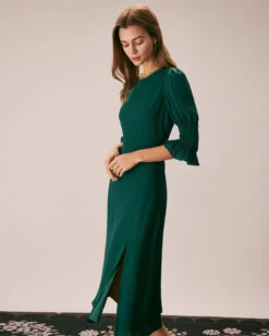 The Green Crew Neck Ruffle Slit Midi Dress 9 The Green Crew Neck Ruffle Slit Midi Dress -Outlet Dress Mix Up Store the green crew neck ruffle midi dress dresses ud9gtk
