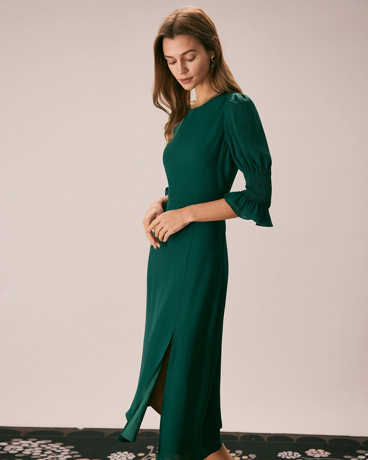 The Green Crew Neck Ruffle Slit Midi Dress 4 The Green Crew Neck Ruffle Slit Midi Dress - Image 4