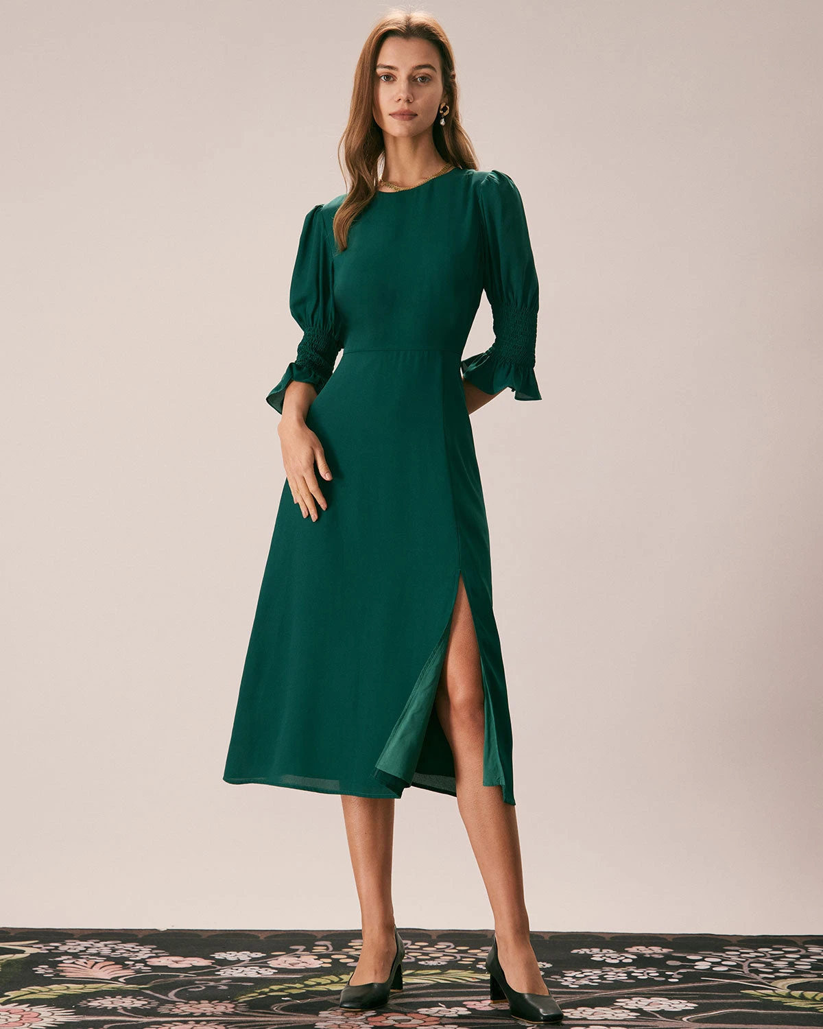 The Green Crew Neck Ruffle Slit Midi Dress 1 The Green Crew Neck Ruffle Slit Midi Dress