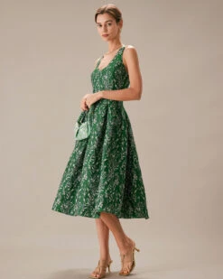 The Green V Neck Floral Pleated Midi Dress -Outlet Dress Mix Up Store the green floral a line midi dress dresses 0vw6sq