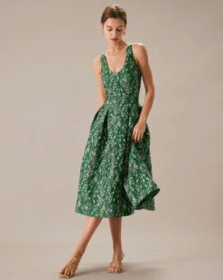The Green V Neck Floral Pleated Midi Dress -Outlet Dress Mix Up Store the green floral a line midi dress dresses j1gbbl