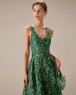 The Green V Neck Floral Pleated Midi Dress -Outlet Dress Mix Up Store the green floral a line midi dress dresses yga9aq