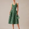 The Green V Neck Floral Pleated Midi Dress