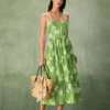 The Green Floral Ruched Slip Midi Dress
