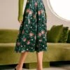 The Green Elastic Waist Floral Velvet Midi Skirt