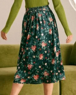 The Green Elastic Waist Floral Velvet Midi Skirt 9 The Green Elastic Waist Floral Velvet Midi Skirt -Outlet Dress Mix Up Store the green floral velvet midi skirt bottoms l93okc