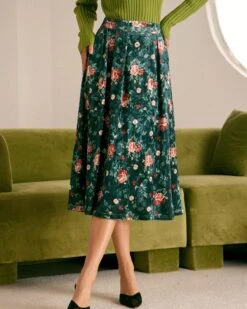 The Green Elastic Waist Floral Velvet Midi Skirt 7 The Green Elastic Waist Floral Velvet Midi Skirt -Outlet Dress Mix Up Store the green floral velvet midi skirt green bottoms uvf70e
