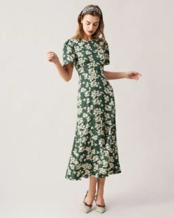 The Green Round Neck Short Sleeve Floral Midi Dress -Outlet Dress Mix Up Store the green round neck floral hollow out maxi dress dresses hwfbz8 947219