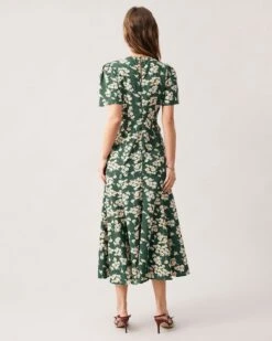 The Green Round Neck Short Sleeve Floral Midi Dress -Outlet Dress Mix Up Store the green round neck floral hollow out maxi dress dresses xs2hv1 830435