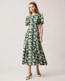 The Green Round Neck Short Sleeve Floral Midi Dress -Outlet Dress Mix Up Store the green round neck floral hollow out maxi dress green dresses prje1u 714077
