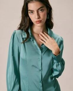 The Green Lapel Button Satin Shirt Mini Dress -Outlet Dress Mix Up Store the green satin shirt mini dress dresses jtw0vw 331924