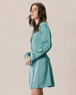 The Green Lapel Button Satin Shirt Mini Dress -Outlet Dress Mix Up Store the green satin shirt mini dress dresses n0mnq5