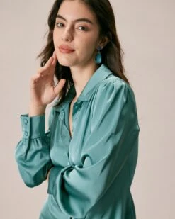 The Green Lapel Button Satin Shirt Mini Dress -Outlet Dress Mix Up Store the green satin shirt mini dress dresses q5w9wi 330481