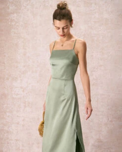 The Green Square Neck Satin Slip Midi Dress -Outlet Dress Mix Up Store the green solid satin midi dress dresses 03r1gm