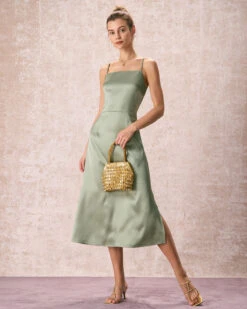 The Green Square Neck Satin Slip Midi Dress -Outlet Dress Mix Up Store the green solid satin midi dress dresses 2qmw2h