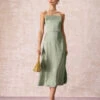 The Green Square Neck Satin Slip Midi Dress