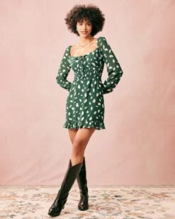 The Green Square Neck Long Sleeve Mini Dress -Outlet Dress Mix Up Store the green square neck dress dresses j72uvf 107431