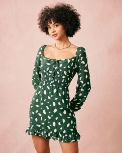 The Green Square Neck Long Sleeve Mini Dress -Outlet Dress Mix Up Store the green square neck dress dresses kpauur 189810