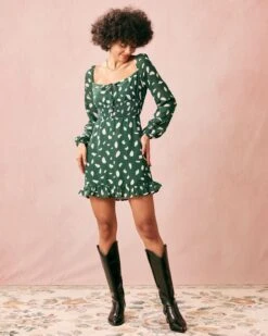 The Green Square Neck Long Sleeve Mini Dress -Outlet Dress Mix Up Store the green square neck dress dresses xspihn 878203