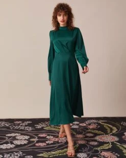 The Green Stand Collar Pleated Satin Midi Dress 8 The Green Stand Collar Pleated Satin Midi Dress -Outlet Dress Mix Up Store the green stand pleated satin dress dresses jlly5p 953400