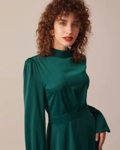 The Green Stand Collar Pleated Satin Midi Dress 9 The Green Stand Collar Pleated Satin Midi Dress -Outlet Dress Mix Up Store the green stand pleated satin dress dresses r3dyjn 781362